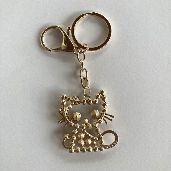 Sparkly Cat Keychain Purse Charm Gold Pearl Rhinestone Kitty Bag Accessory Gift - Picture 3 of 4